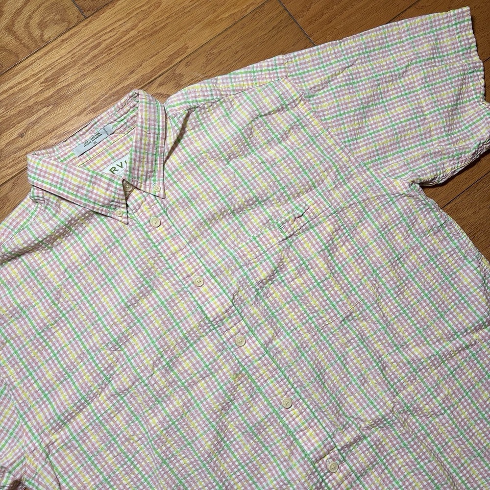 Orvis Men's XL Pastel Plaid Seersucker Short Sleeve Shirt Summer 100% Cotton